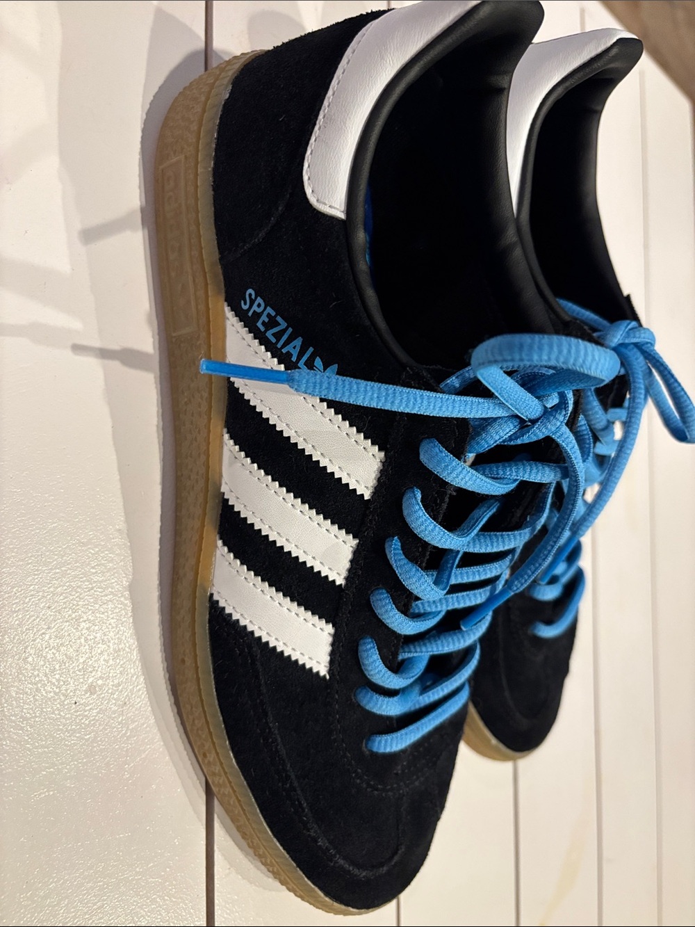 adidas Spezial Suede Sneakers in Black with White Stripes and Blue Laces
